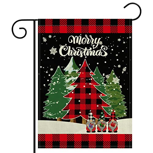 Merry Christmas Garden Flag Winter Outdoor Christmas Decorations Clearance Double Sided Burlap,Buffalo Check Plaid Christmas Tree,Vintage Farmhouse Yard Flag For Xmas Holiday Party Decor 12.5x18 inch