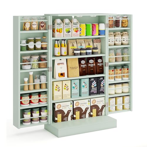 COSTWAY Alacena de Cocina con 2 Puertas, Aparador Cocina con 17 Compartimentos Interior y 6 Estantes Ajustables de 3 Niveles, Muebles de Salon de Madera con Diseño Antivuelco, 59x30,5x103 cm (Verde)