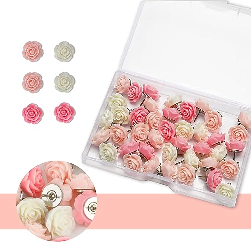40Pcs Flower Push Pins Rose Decorative ThumbTacks for Cork Board Cute Pink Decorative Push Pins for Bulletin Board, Photos Wall Maps,Offices School