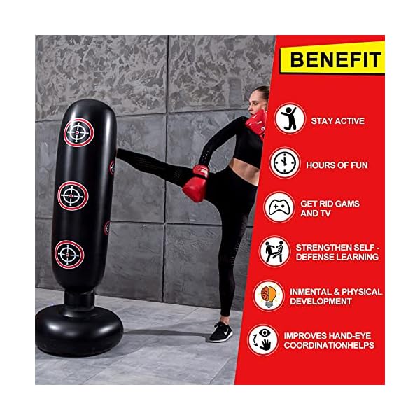 Inflatable Punching Bag for Kids and Adults 65" High Boxing Blow Up Training Bag with Stand，Bop Bag for Kickboxing Practice - Bounce Back Freestanding Punch Bag Gift Set (Target Pattern)