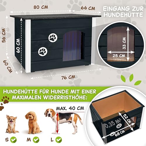 Outentin Hundehütte Outdoor Winterfest - Hundehaus für Mittelgroße Hund - Isoliert und Wetterfest - Hunde Haus für Draußen mit zum Öffnen Flachdach - Stabile und Moderne Villa - 76 x 60 x 60cm - Grau