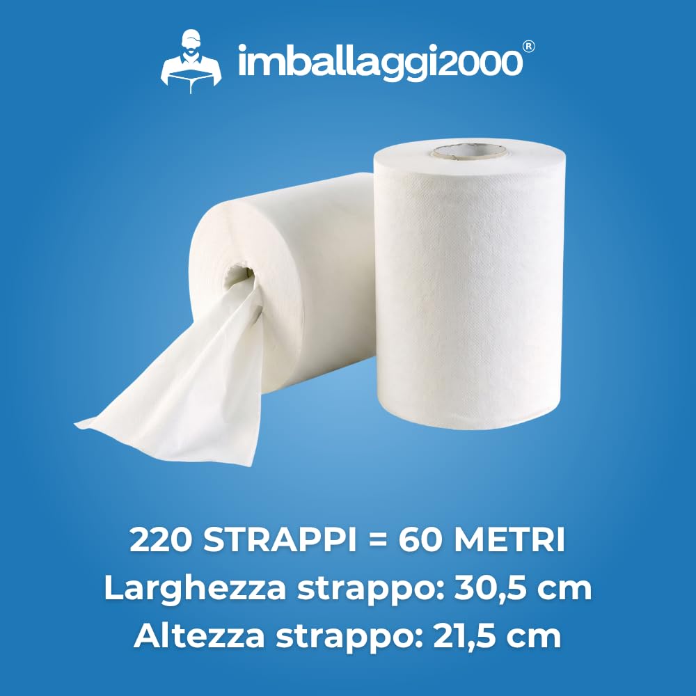 IMBALLAGGI 2000 - Rotoli Asciugamani Carta 2 Veli in Pura Cellulosa, 1 pack, Confezione da 12-220 Strappi Ogni Rotolo, Altezza 21.5 cm - Certificazione Ecolabel