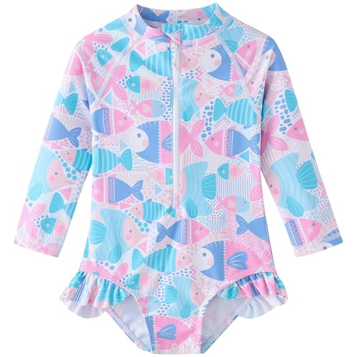 Image of UMELOK Baby Girls One Piece Swimsuit Infant Bathing Suit Long Sleeve Rash Guard Swimwear with UPF 50+ Sun Protection