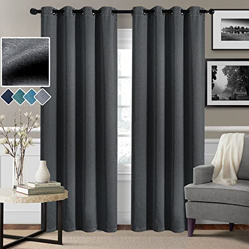 Image of 2 Panels 100% Dark Grey Blackout Curtains, Linen Textured Thermal Insulated Privacy Protect Grommet Drapes Set for Living Room, Bedroom and Nursery, W 52 x L 84 Inch