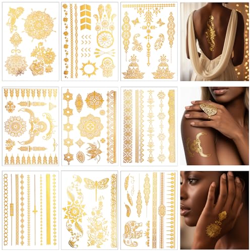Nogeqi 9 Blatt Glitzer Temporäre Tattoos Erwachsene Tattoo Metallic Temporary Tattoo Boho Wasserdichte Gold Für Festival Weihnachten Party Halloween Frauen Mädchen Erwachsene