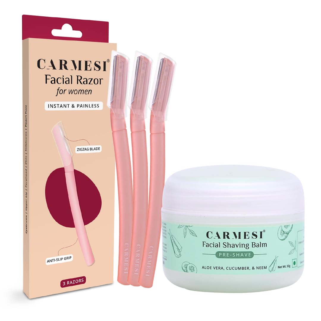CarmesiFacial Shaving Kit | Face Razors (3 Count) + Shaving Gel (1.76 Oz/50g) | Painless Hair Removal | Prevents Nicks & Cuts | for Peach Fuzz, Eyebrow, Chin & Upper Lip