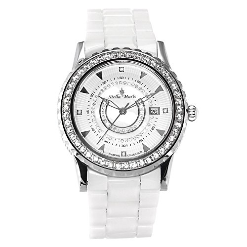 Stella Maris STM15Z1 - Montre Femme Quartz Analogique Cadran blanc Bracelet Céramique blanc avec diamants et éléments Swarovski