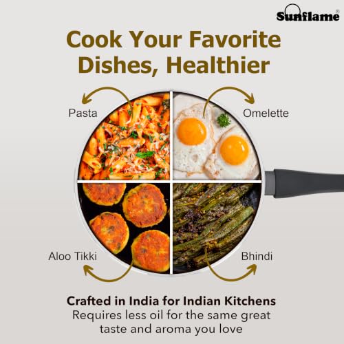 Image of Sunflame Ceramic Non-Stick Fry Pan 24 cm with Glass Lid | No PFOA, PFAS, PTFE | Induction and Gas Stove Compatible | 2 Year Warranty by Sunflame | Requires Less Oil, Easy to Clean, Prevents Burning