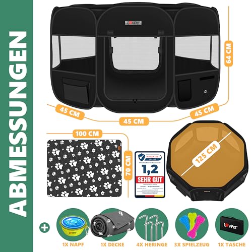 LOVPET® Welpenlaufstall Tierlaufstall Faltbar für Kleintiere Hunde, Katzen Inkl. Hundenapf und Fleece Decke Hundelaufstall Freigehege Oxfordgewebe Pop-up System Indoor & Outdoor, Schwarz