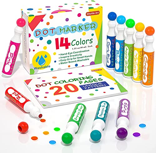Shuttle Art Marqueur à Point Lavable, 14 Couleurs Dot Marker(40ml chacun) avec 1 Livre de Coloriage, Non Toxique, Bingo Dabber pour Création, Activité Créative pour Enfants Education Précoce