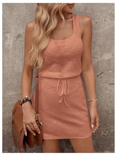 Image of RoseSeek Women's Waffle Knit Belted Tank A Line High Waisted Dresses Square Neck Sleeveless Summer Short Dress