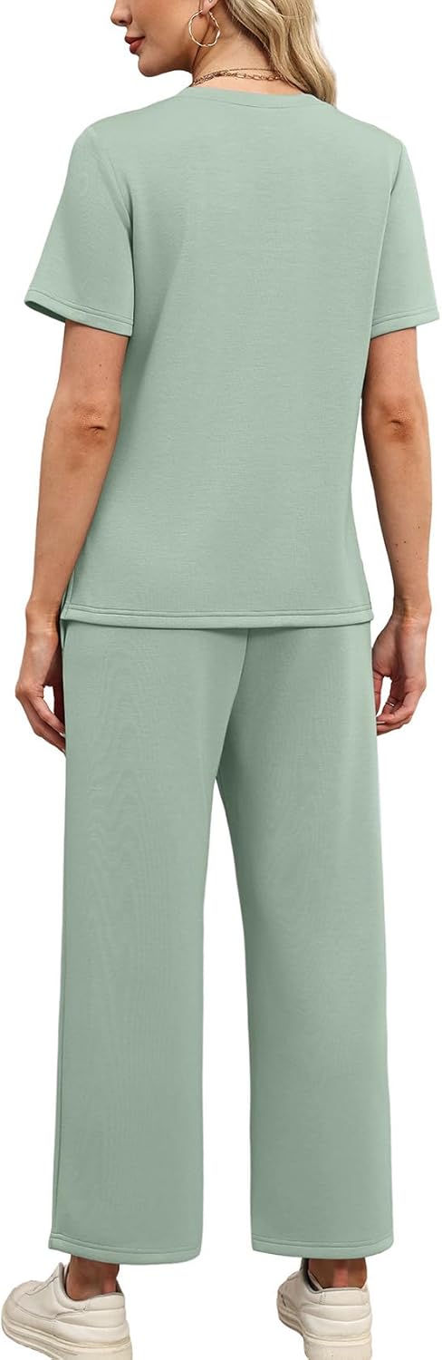 WIHOLL Two Piece Sets for Women Summer Spring Travel Vacation Outfits Short Sleeve Lounge Sets Side Slit Wide Leg Pants S-3XL - Image 5