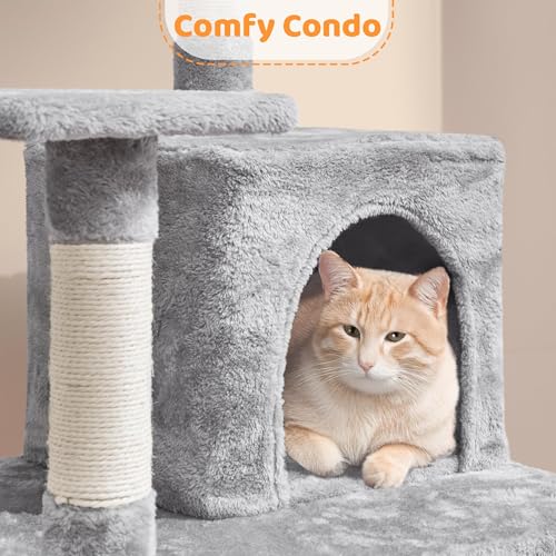 Image of Yaheetech Cat Tree Tower for Large Cats, Multi-Level Condo & Hammock | Sisal posts, scratch board, roomy condo, hammock, and a wide 21-inch top perch fit large cats; condo holds up to 22 lb