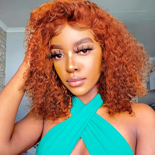 Image of SOEZ 12 Inch Ginger Bob Wig Human Hair 13x4 HD Deep Wave Lace Front Wigs Human Hair 350 Burnt Orange Short Curly Bob Wig Copper Water Wave Human Hair Wig 180% Density Wet Wavy Colored Wig for Women