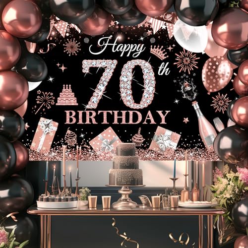 Image of Avezano Happy 70th Birthday Banner for Women Black and Rose Gold Glitter Balloon 70 Birthday Party Backdrop 70 Year Old Bday Photo Backdrop Party Supplies 70.8 x 43.3 Inch