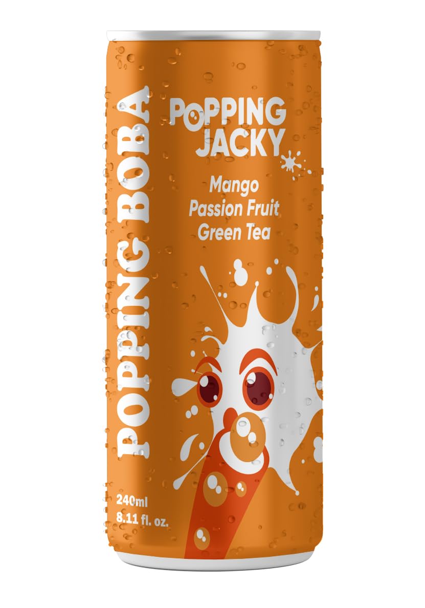 Popping Jacky Mango Passion Fruit Green Tea Drink with Popping Boba - Ready to Drink Bottled Bubble Tea with Boba Balls - Cold Refreshing Fruit Tea (Pack of 24)