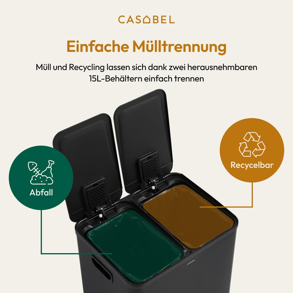 CASABEL Doppel-Küchenmülleimer 2x15L aus Edelstahl, fingerabdruckresistent, luftdichte Deckel mit Fußpedal, ideal für Recycling in Küche, Bad oder Büro - Schwarz