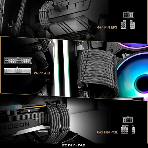 Cavo di Estensione PSU con Manicotto Cavo di Alimentazione PC mod Personalizzato,Nylon Morbido Intrecciato con Kit Pettine 24PIN/8PIN a 6+2PIN/ 8PIN a 4+4PIN-300MM-Carbonio - Alimentatore - Immagine 5