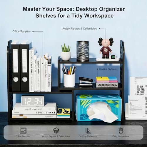 Image of YGYQZ Desk Shelves Desktop Orgnizer Shelf-Black Office Organization for Top of Adjustable Desk Organizers and Corner Bookshelf Table Top Shelving Small Hutch Decorations for Women Office