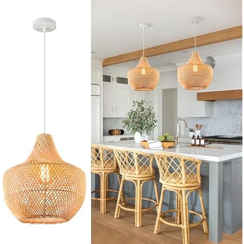 Mgcanyu Rattan Pendant Lights Kitchen Island, 13.4" Boho Light Fixture Dining Room Lighting Bohemian Weaving Chandelier Coastal Wicker Hanging Ceiling Light for Living Room Restaurants Bedroom Hallway Cover