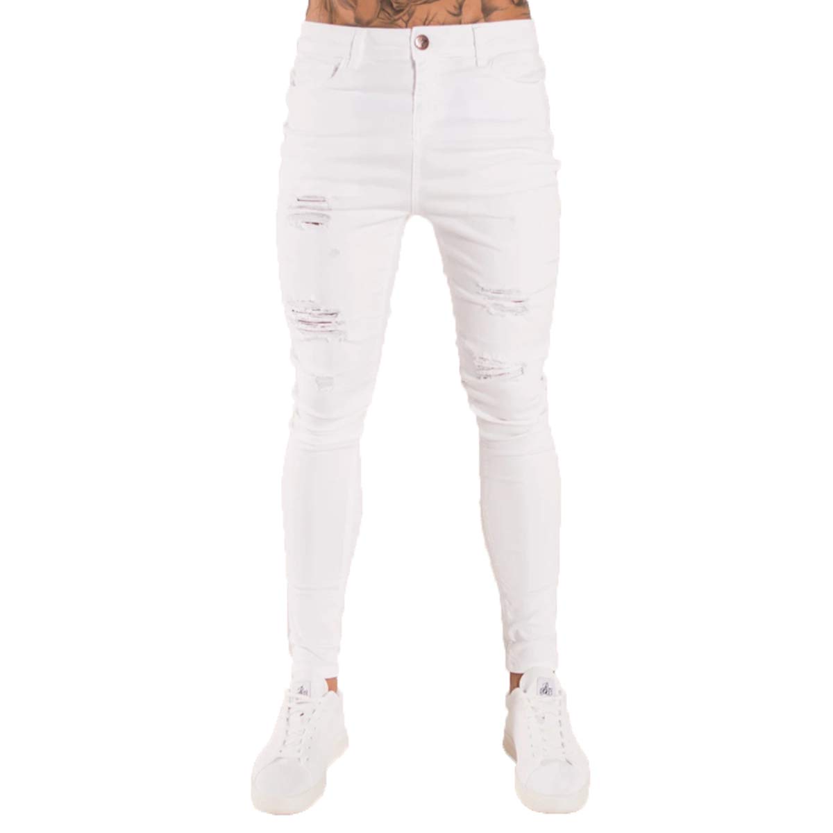 Femereina Men's White Casual Slim Fit Denim Trousers Ripped Skinny Distressed Destroyed Holes Jeans Denim Pants (, Uk 36=Tag 2XL)