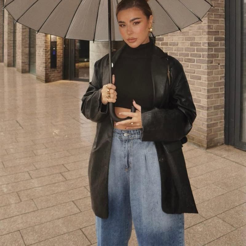 ABYOVRT Women Leather Jacket Oversized Faux Leather Blazer Button Down Lapel Coat with Pockets Vintage Streetwear - Image 4