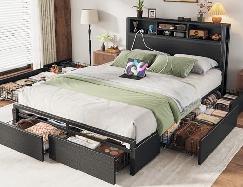 Image of EnHomee Full Bed Frame with 6 Storage Drawers, Charge Station,Noise-Free