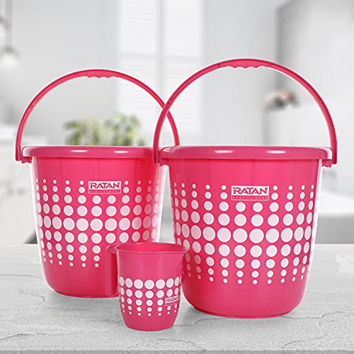 Image of Ratan Plastics 3 Pieces Bathroom Set 2 Super Saver Bucket 16L + 1 Super Saver Mug 1000ml Polka Dots - Pink, Standard (ECCPL980067-001)