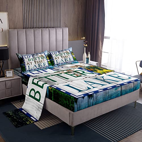 Lake Fishing Bedding Set Queen For Boys Adults Men,Rustic Farmhouse Wooden Board Sheet Set Life Is Better At The Lake Bed Sheets Country Beach Fitted Sheet Blue Green Flat Sheet + 2 Pillow Cases