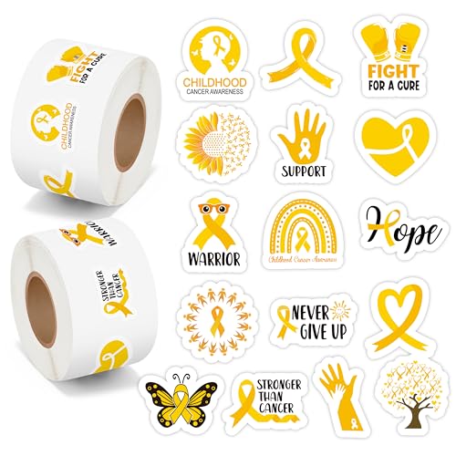 BeYumi Childhood Cancer Awareness Sticker - 1000Pcs Pediatric Cancer Awareness Stickers in 2 Rolls Waterproof Vinyl Gold Ribbon Decals School Event Campaign Laptop Bottle Luggage Decor for Kids Teens