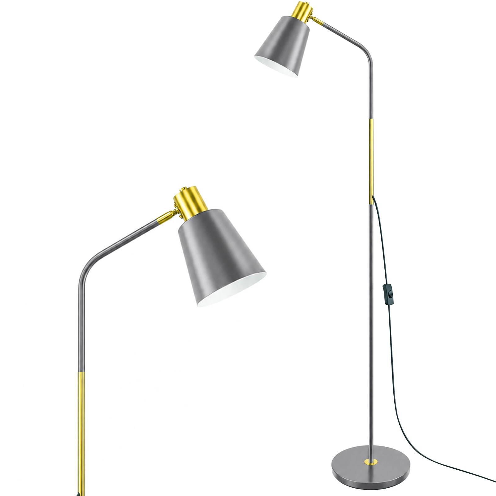 Yexati Lampada da Terra ad Arco E27 Regolabile, Grigio | 153 cm, black metal, 180° swivel head, living room office room