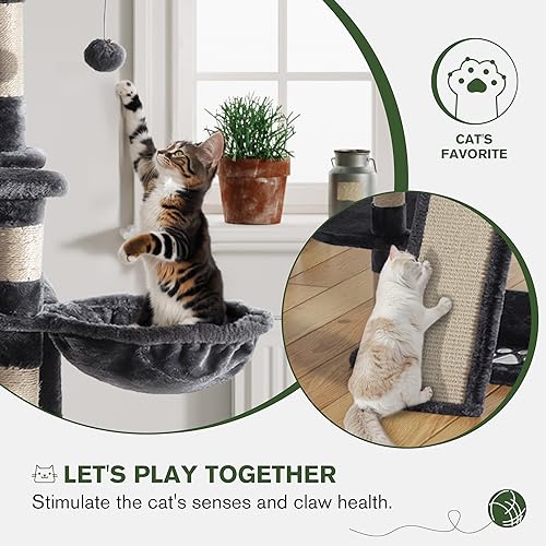 IMUsee 68 Inches Multi-Level Large Cat Tree for Large Kitties/Big Cat Tower with Condo/Cozy Plush Perches/Sisal Scratching Posts and Hammocks/ Feline Activity Center Play House/Smoky Grey