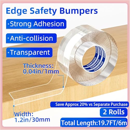 Image of ZOMPAGO 2 Rolls Value Pack Clear Baby Proofing Edge Protector vs Single Roll,Total 19.5FT(6M),1.18in Width Invisible Furniture Corner Guard,Cuttable Sharp Edge Safety Bumper