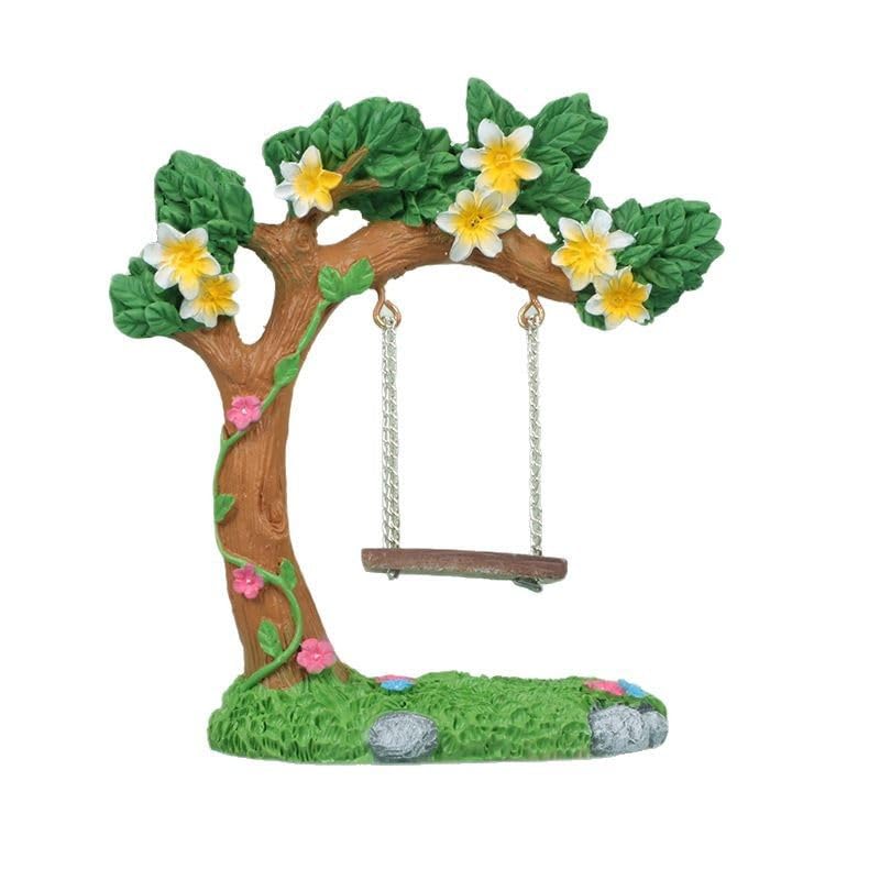 Columpio de árbol con flores en miniatura para maquetas de patio y decoración de macetas