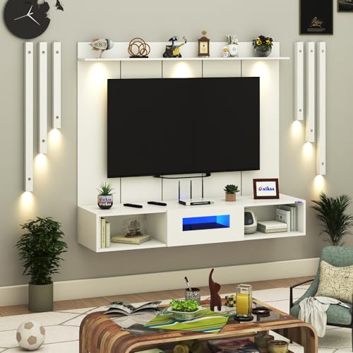 Image of Anikaa NovusPro Engineered Wood Wall Mount TV Unit with PVC Back Panel, Acrylic Blue LED Storage Box, Side Wooden Accent Spot Light Panels I Deal for Up to 50 Inch TV (White - DIY Installation)