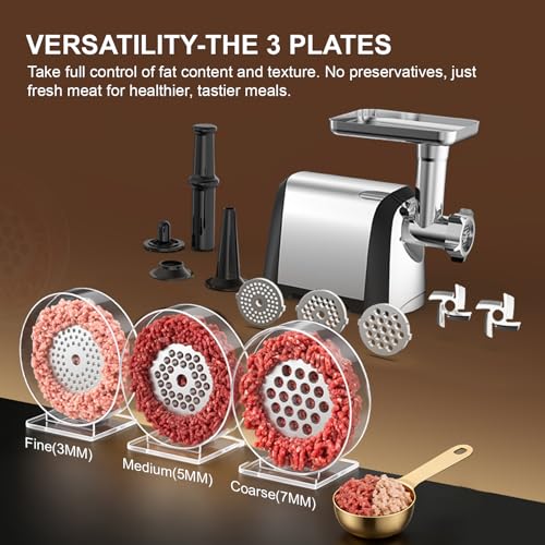 Image of Electric Meat Grinder, 2600W Max 3-IN-1 Heavy Duty Sausage Stuffer with Sausage tube & Kubbe Kit, 3 Grinding Plates 2 Blades for Home Kitchen & Small Commercial Use, Stainless Steel