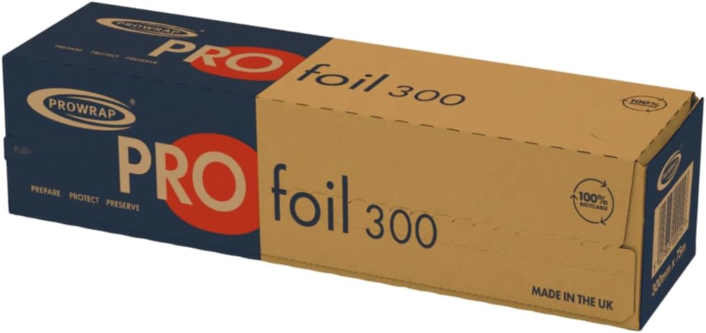 PROWRAP | Pre-Cut Kitchen Individual Foil Sheets | 230mm x 270mm | Pre-Embossed Foil Dispenser | Fully Recyclable Dispensers & Tin Foil for Catering, Takeaway (1 Roll | 300mm x 75m)