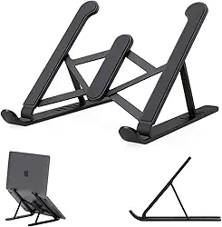 Suporte para notebook, ajustável com estrutura em ABS resistente. Dobrável, ergonômico, 6 posições e saída de ar