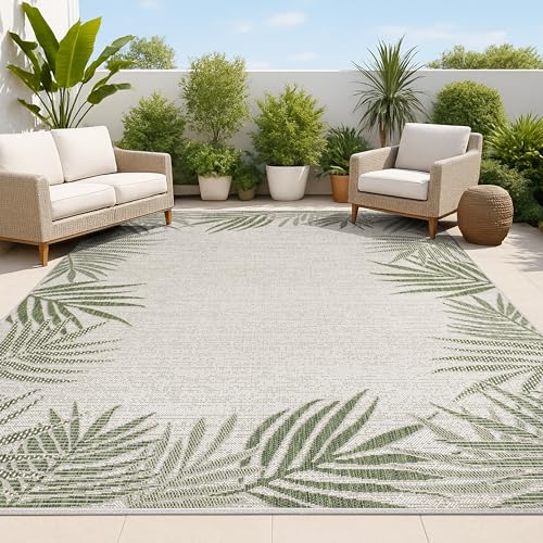 JONATHAN Y Palm Frond Border Indoor Outdoor Area Rug 4X6 Green/Cream, Isla Coastal Cottage for...