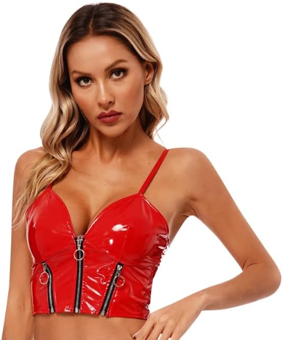 Womens Patent Leather Deep V Camisole Hot Tank Top Front Zipper Sling Short Vest Nightclub Dance Party Vest