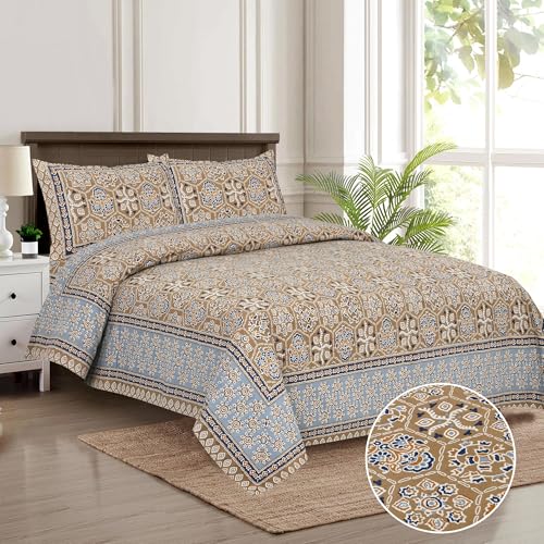 Image of King Size Cotton Bedsheet | 300 TC | 100% Cotton Flatsheet King Size with Two Pillow Covers | (254 * 274 cm, Jaipuri Block Print)