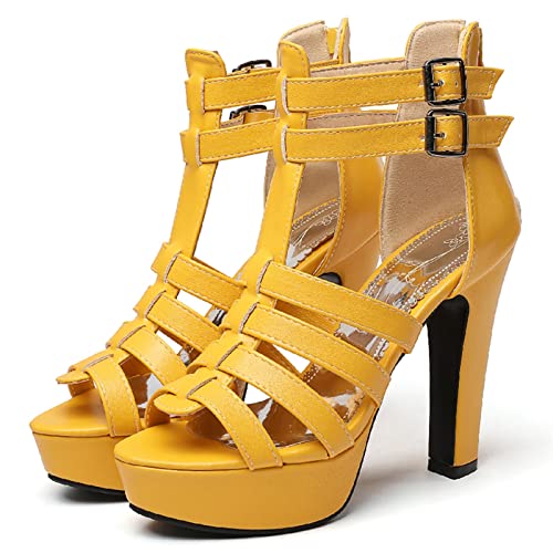 jianchi Women Plus Size Chunky Heel Cutout Shoes Wedding Prom Party Sandals Fashion Summer High Heels Sexy Fish Mouth Sandals (Color : Yellow, Shoe Size : 8)2