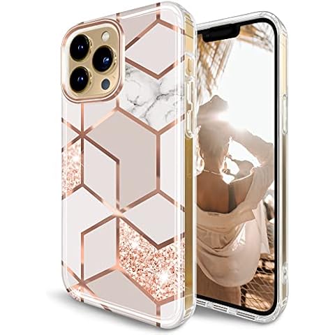 JAHOLAN Designed Case for iPhone 14 Pro Shiny Glitter Plating Marble Protective Shockproof Slim Military Grade Drop Protection Hard Back Cover Phone Case for Girls Women, Rose Gold Cover