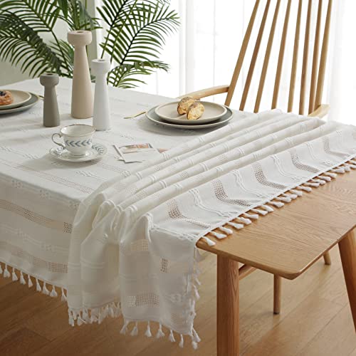 Gernaice Rustic Stripe Embroidered Tablecloth Heavy Square Tassel Cotton Linen Table Cloth Wrinkle Free Washable Table Cover For Kitchen Dinning Party Holiday White 55X55 Inch #TOP4