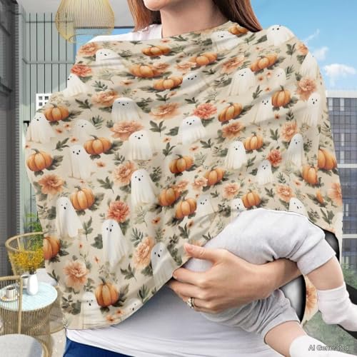 Image of Wanyint Stretchy Baby Car Seat Cover Carseat Canopy for Babies Universal Baby Breastfeeding Stroller High Chair Shopping Cart Cover Halloween Decor, Cute Ghost Pumpkin Floral