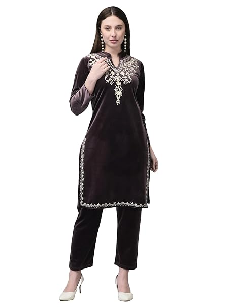 FNOCKS Velvet Embroidered Kurta Set for Women