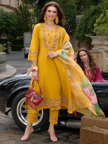 Image of INDO ERA Women's Silk Blend Embroidered A-Line Kurta and Pant with Dupatta Set (Ieout6682)