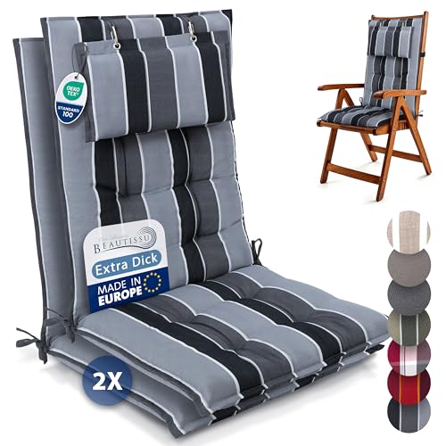Beautissu 2er Set Premium Hochlehner Auflage Kopfpolster 120x50cm Sun-HL – 8cm Dick Polster Gartenstuhlauflage rutschfest Befestigungsbänder...