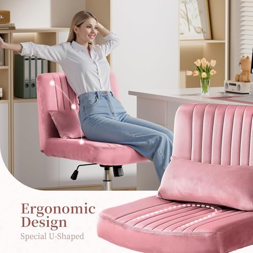 Image of Velvet Criss Cross Desk Chair with Wheels, Luxury Cross Legged Office Office, Swivel Wide Seat Vanity Chair, Armless Adjustable Height Gaming Chair Gift, Dusty (1, Light Rose Pink)