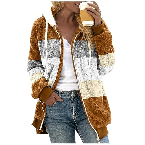 Fuzzy Fleece Jackets for Women Plus Size Hoodies Fall Winter Coats Color Block Patchwork Cardigan Coat with Pockets